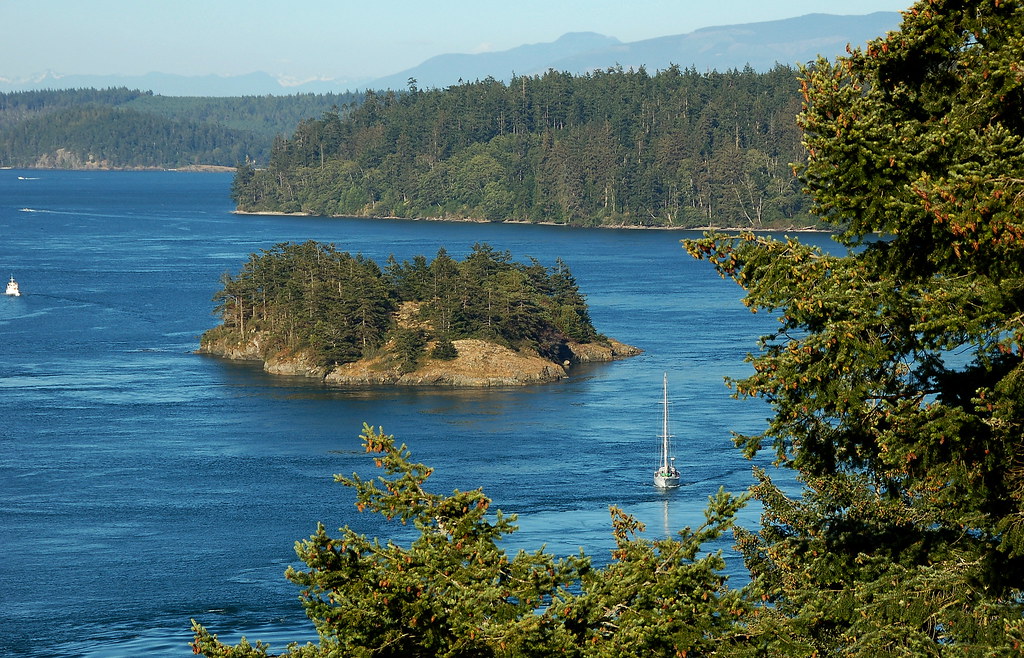 Boat on calm Puget Sound water framed by forested islands